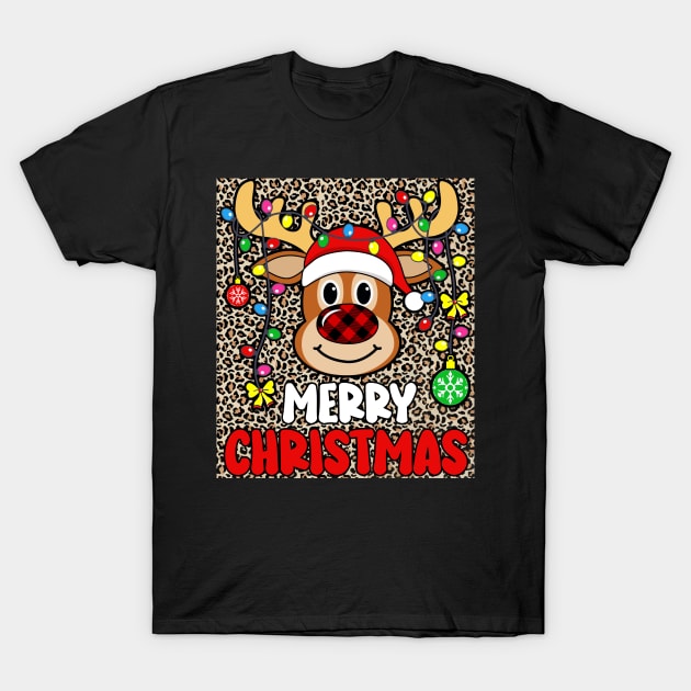 Merry Christmas Funny Reindeer Xmas Family Pajamas Leopard T-Shirt by ArifLeleu